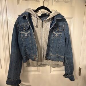 Blue Denim Jacket with Gray Hoodie